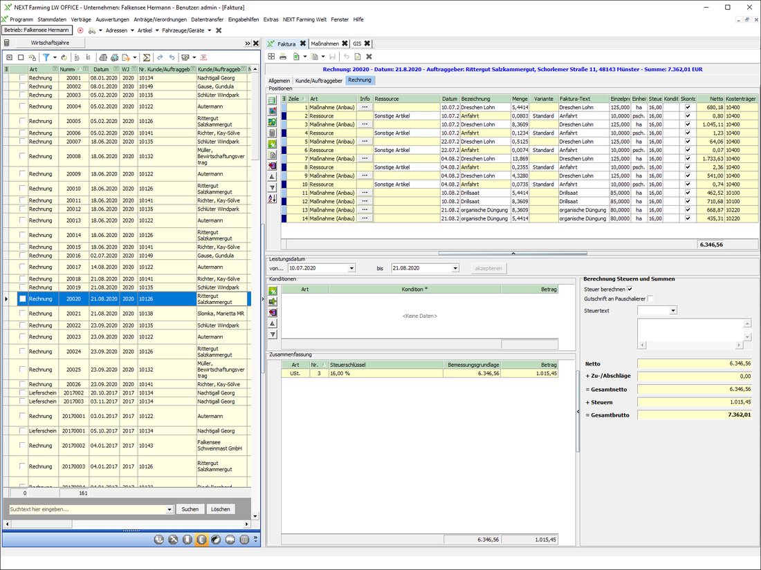 Screenshot des Moduls Faktura der NEXT Farming Software LW Office.