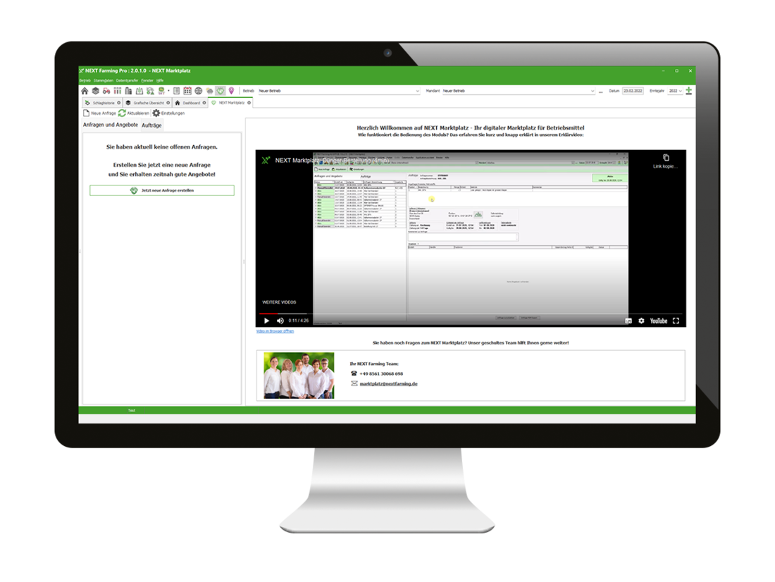 Computerbildschirm zeigt den NEXT Marktplatz inklusive Erklärvideo und Kontakt zum Support in NEXT Farming Pro