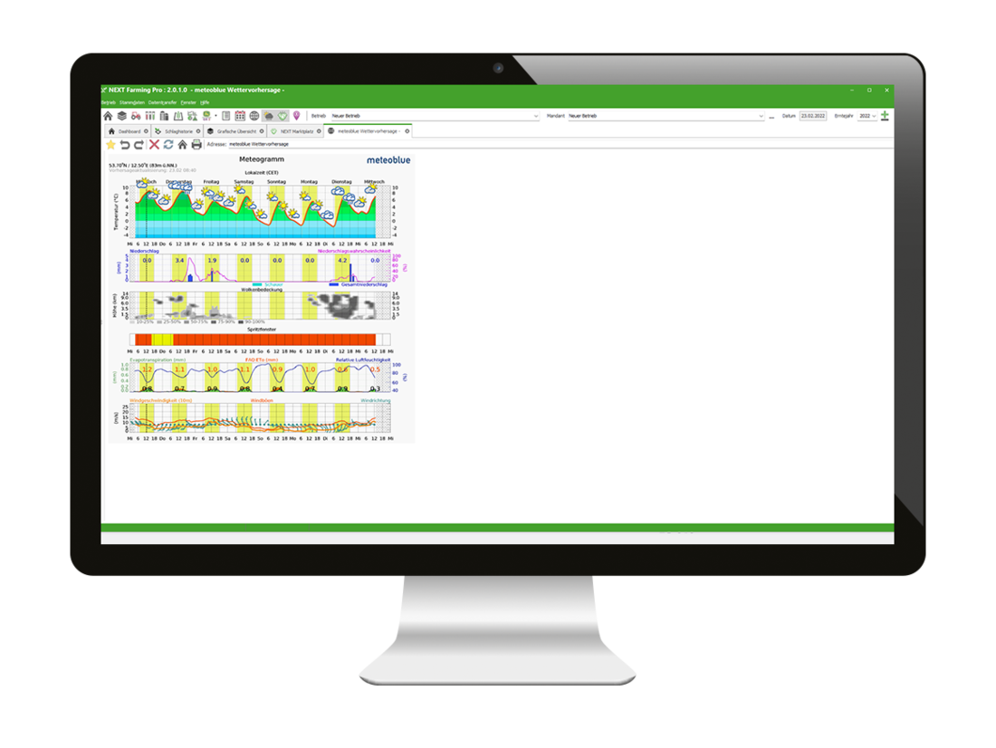 Computerbildschirm zeigt den Wetterdatenimport in die Software NEXT Farming Pro