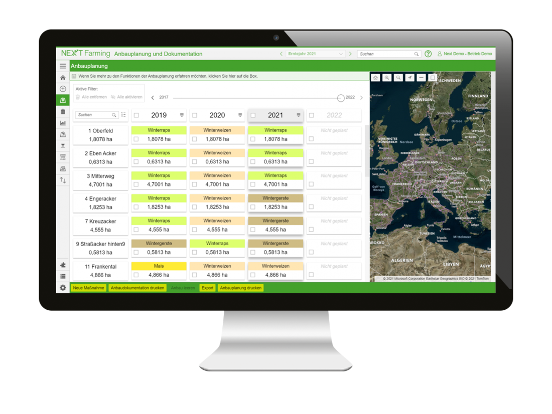 Screenshot des Moduls Anbauplanung und Dokumentation der NEXT Farming Software LIVE.