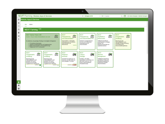 Screenshot des Moduls Module, Apps und Services der NEXT Farming Software LIVE.