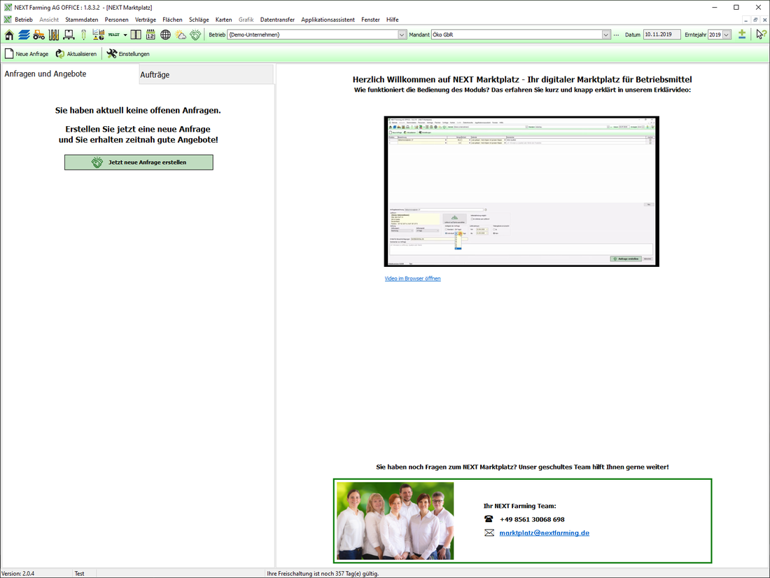 Screenshot des Moduls Marktplatz der NEXT Farming Software AG Office.