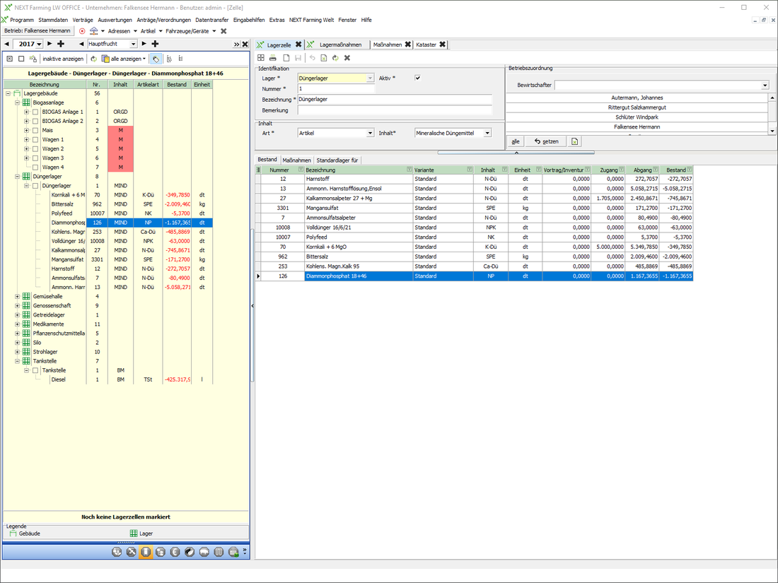 Screenshot des Moduls Lager der NEXT Farming Software LW Office.