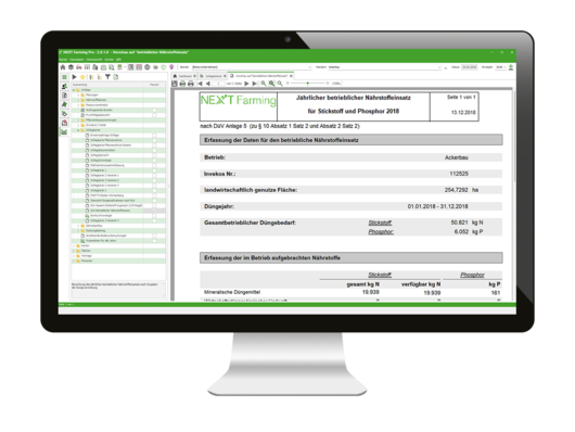 Computerbildschirm zeigt den jährlichen betrieblichen Nährstoffeinsatz in NEXT Farming Pro