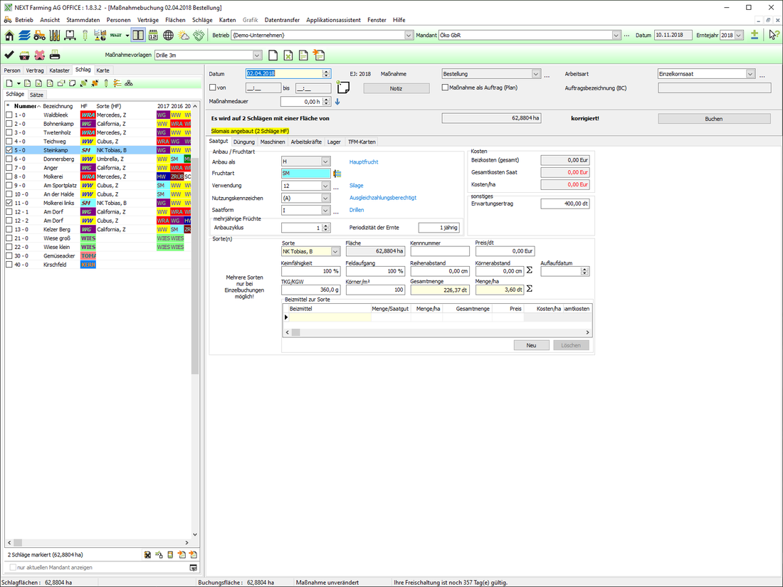 Screenshot des Moduls Schlagkartei der NEXT Farming Software AG Office.