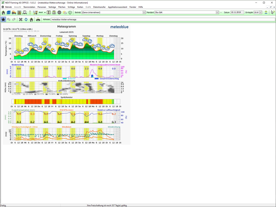 Screenshot des Moduls Wetterdatenimport der NEXT Farming Software AG Office.