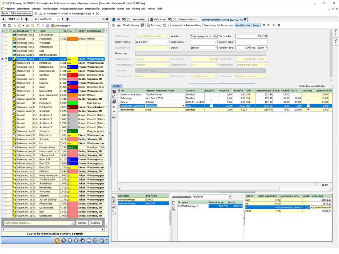 Screenshot des Moduls Schlagkartei der NEXT Farming Software LW Office.