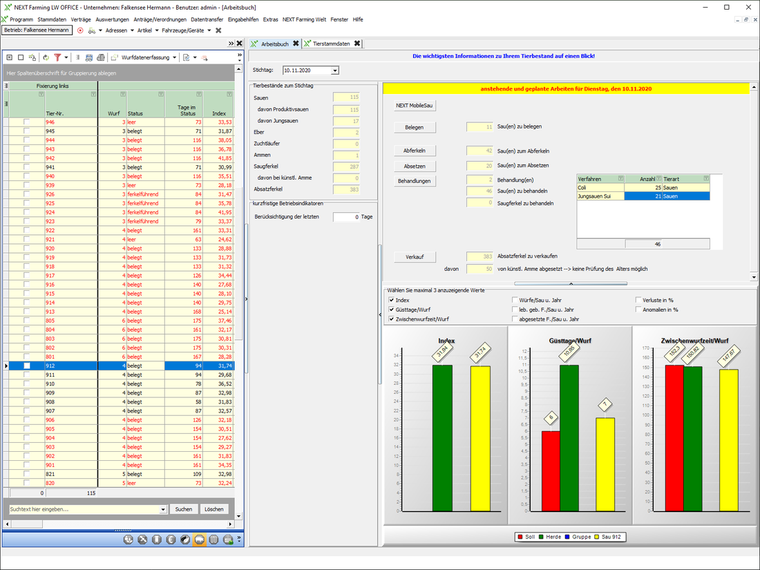 Screenshot des Moduls Stallbuch Sau der NEXT Farming Software LW Office.