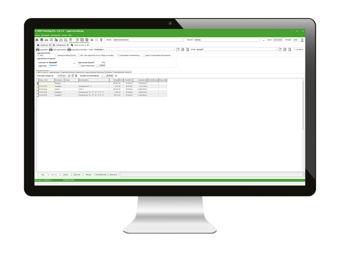 Computerbildschirm zeigt die Lagerverwaltung in NEXT Farming Pro
