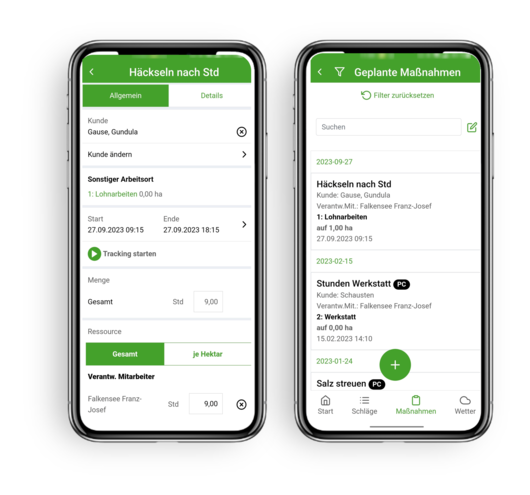 2 Handybildschirme zeigen geplante Maßnahmen und das Häckseln nach Stunden in der NEXT Farming App