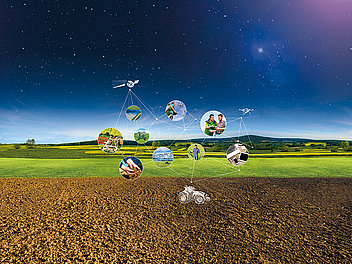 Illustration der NEXT Farming Produkte in einem Netz auf einem Feld.