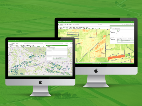 Zwei Computerbildschirme zeigen den NEXT Farming Map Server