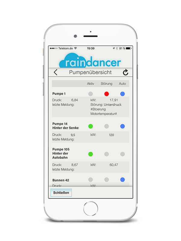 NEXT raindancer Pumpenübersicht Mobile Ansicht der Pumpenübersicht im NEXT raindancer