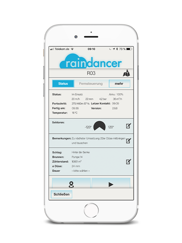 Mobile Anzeige des Moduls Regnerdetails