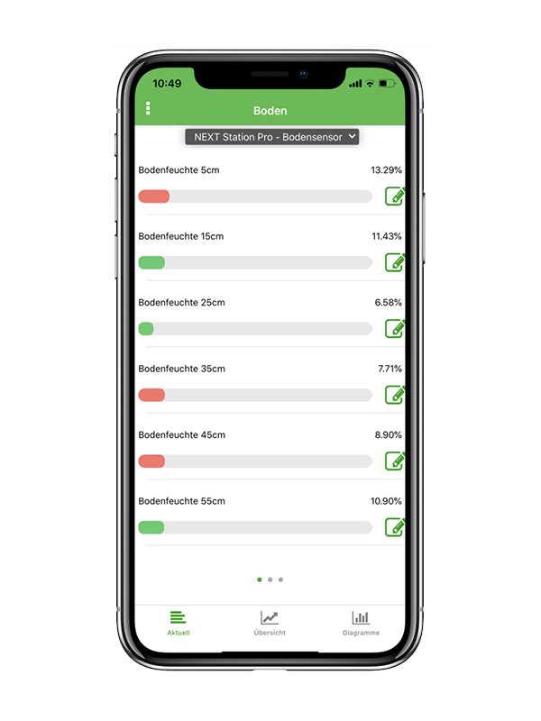 Bildschirmfoto der NEXT MobileWetter App mit dem Bodenprobenmenü.