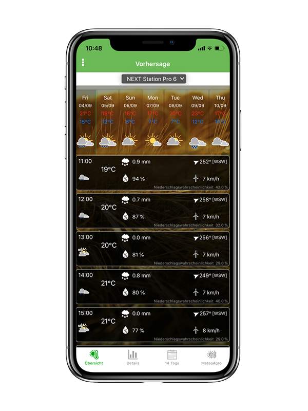 Bildschirmfoto der NEXT MobileWetter App mit der mikrolokalen Wettervorhersage.