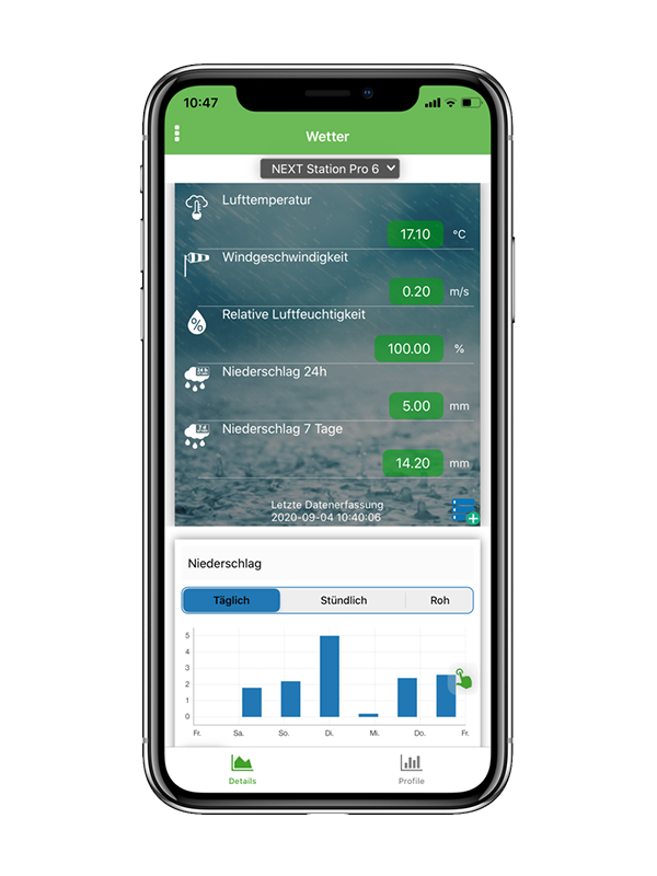 Bildschirmfoto der NEXT MobileWetter App mit der Wetterübersicht.